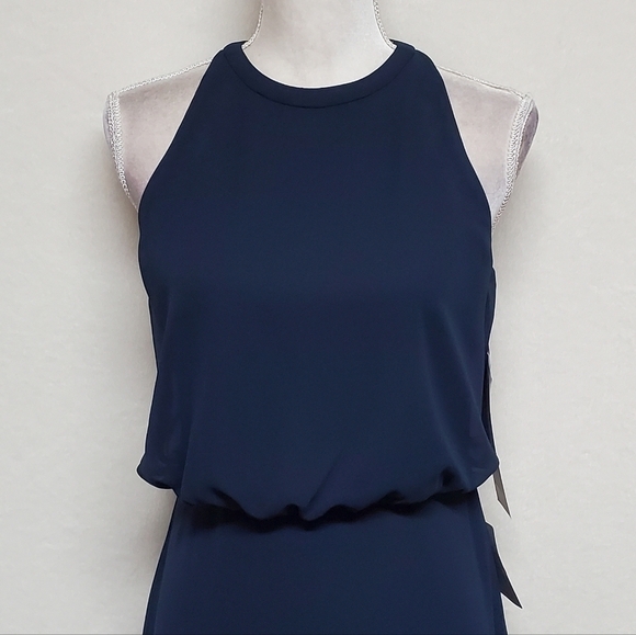 BLOOMINGDALE'S Levkoff 7081 Navy Blue Chiffon Sleeveless Halter Maxi Dress 6 - Picture 3 of 10